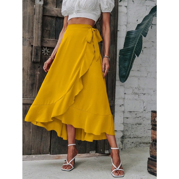 Solid minimalist Wrap Hem Tie Side high low midi skirt - Picture 8 of 11